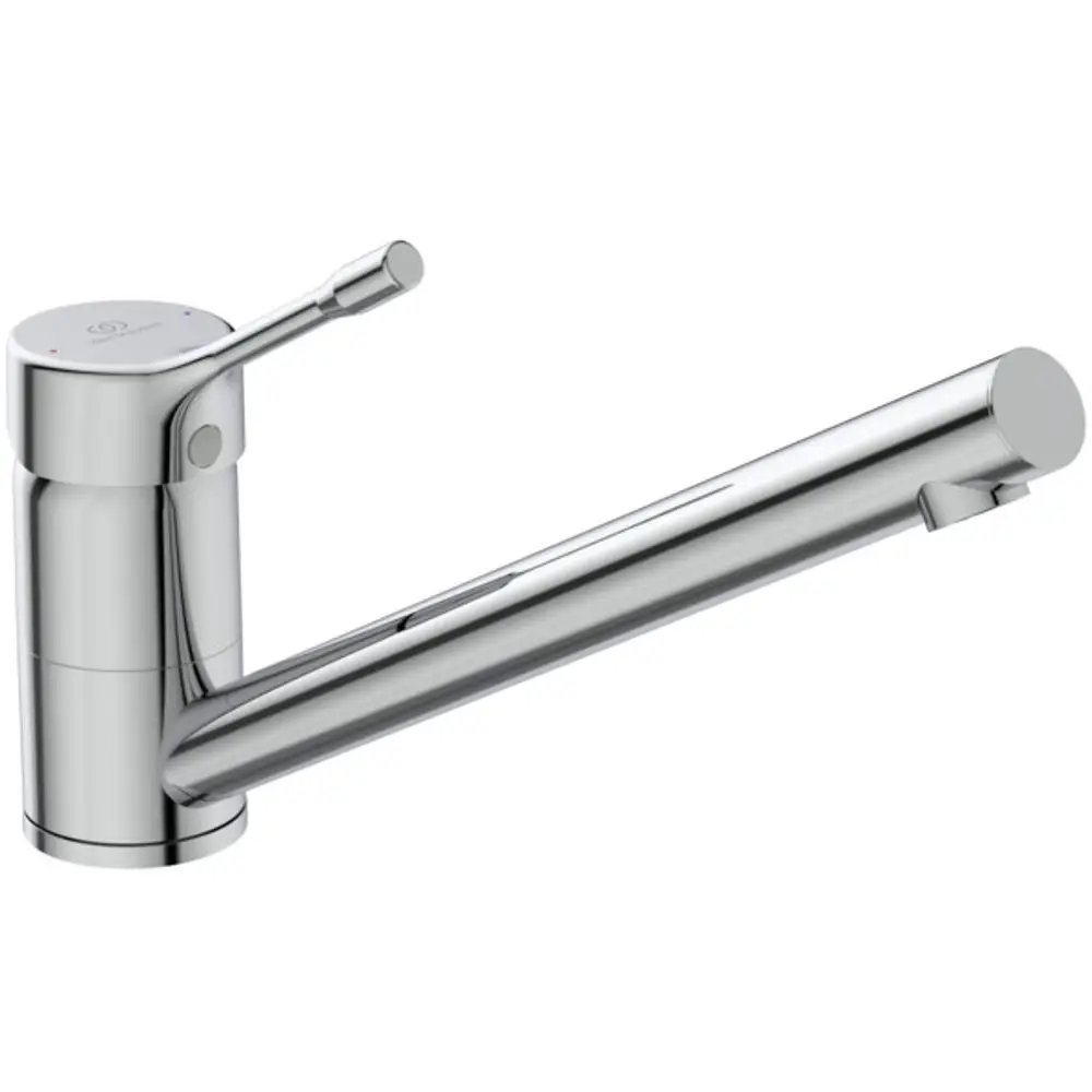 Küchenarmatur in Chrom von Ideal Standard mit einem langen, geraden Auslauf und einem Hebel zur Regulierung des Wassers.